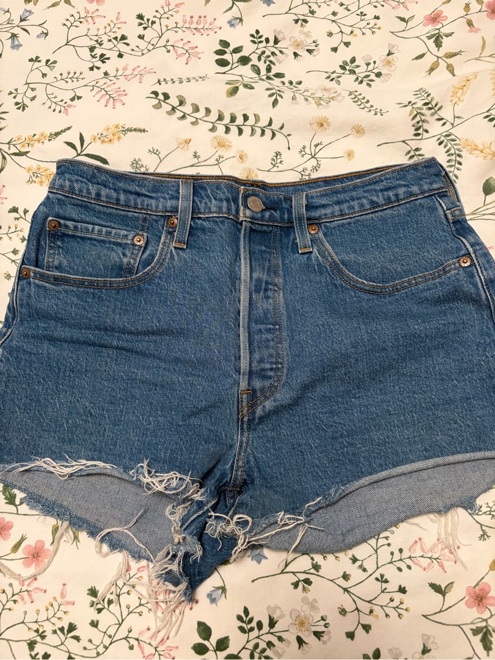 Levi's Medium Blue Distressed High-Rise Jean Shorts